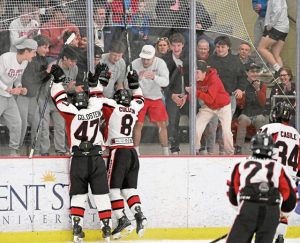 Fox Chapel’s Tucker Cullen celebrates a goal against Cathedral Prep during the PIHL championship game March 18.