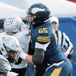 Central Catholic lineman Jimmy Kalis plays against Harrisburg during a PIAA Class 6A semifinal in 2024.