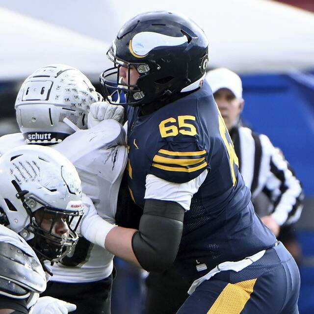 Central Catholic lineman Jimmy Kalis plays against Harrisburg during a PIAA Class 6A semifinal in 2024.