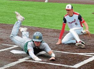 Bushy Run shortstop Brody Hoffman scores on a wild pitch during the District 31 American Legion championship game.