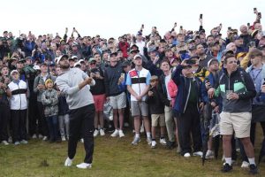 Scottie Scheffler plays out of the rough on the 17th hole during the second round of the British Open on Friday.