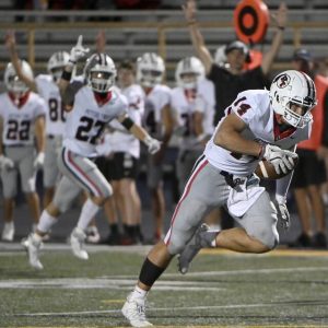 Peters Township’s Reston Lehman scores against Mt. Lebanon in September.