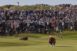 Rory McIlroy looks at the line of his putt on the 17th hole during the third round of the British Open on Saturday. McIlroy enters the final round six shots behind leader Scottie Scheffler.