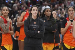 Indiana’s Caitlin Clark watches the WNBA All-Star Game on July 19.