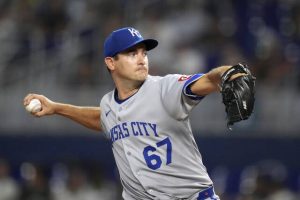 Royals starting pitcher Seth Lugo pitches during the second inning against the Miami Marlins on July 18.