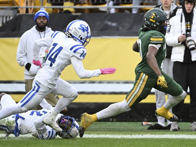 Seton LaSalle’s Khalil Taylor avoids South Park’s Kenyan Brown during the WPIAL Class 2A Championship Saturday Nov. 23, 2024 at Acrisure Stadium.