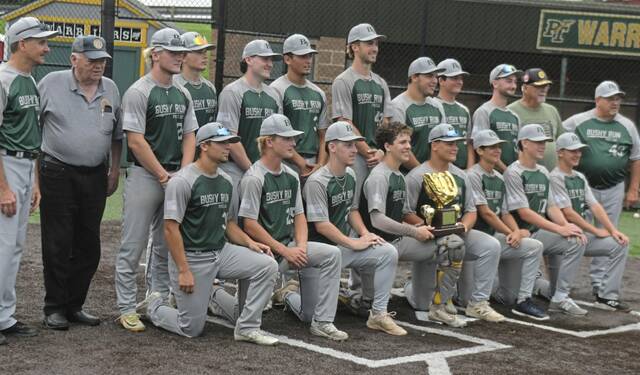 The Bushy Run American Legion baseball team won the state tournament by defeating Stripes & Strikes, 1-0, July 30, 2025 at McDowell. The team, shown displaying its District 31 trophy, is only the second team from Westmoreland County to win the state title (Lower Burrell).