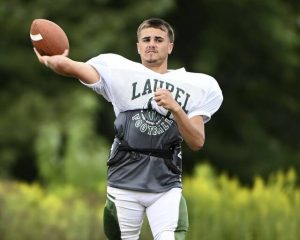 Laurel quarterback Luca Santini throws a pass during practice on Wednesday, Aug. 20, 2025, at Laurel.