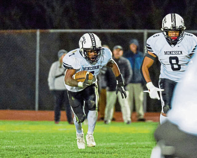 Monessen’s Tavian Taylor runs against Greensburg Central Catholic during their WPIAL Class A first-round playoff game Nov. 1, 2024, at Greensburg Central Catholic.
