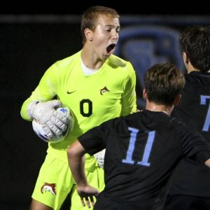 Fox Chapel goalkeeper Brady Matthews celebrates after making a last-second save against Seneca Valley last season.