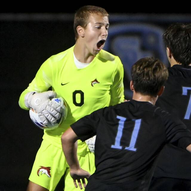 Fox Chapel goalkeeper Brady Matthews celebrates after making a last-second save against Seneca Valley last season.