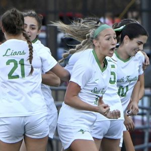 South Fayette’s Mia Deramo celebrates with teammates after scoring during the WPIAL Class 3A championship game against Fox Chapel on Saturday, Nov. 2, 2024, at Highmark Stadium.