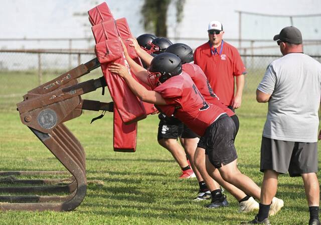 Ligonier Valley linemen hit the sled during practice Aug. 7, 2025 at Weller Athletic Field.