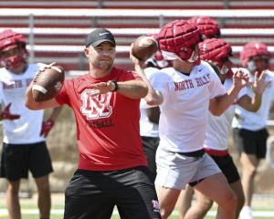 North Hills interim head coach Brody Zangaro works with his quarterbacks during practice on Monday, Aug. 4, 2025, at Martorelli Stadium.