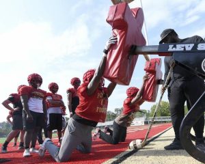 Penn Hills linemen work out during practice on Tuesday, Aug. 5, 2025, at Yuhas Stadium in Penn Hills.