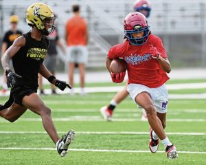 Mt. Pleasant’s Lukas Gonzales run after a catch during the WCCA 7-on-7 tournament July 17, 2025, at Hempfield Area High School.