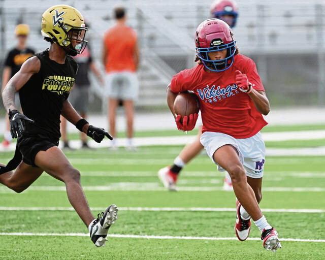 Mt. Pleasant’s Lukas Gonzales run after a catch during the WCCA 7-on-7 tournament July 17, 2025, at Hempfield Area High School.