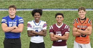 From left, Hempfield’s Brock Heisler, Jeannette’s Kymon’e Brown, Greensburg Central Catholic’s Samir Crosby and Latrobe’s Andy Tatsch are all Division I prospects.