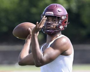 Ambridge quarterback D.J. Cain looks to pass at practice on July 30, 2025, at Moe Rubenstein Stadium in Ambridge.