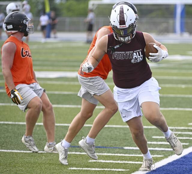 Greensburg Central Catholic’s James Botti with a catch during the WCCA 7-on-7 tournament July 17, 2025, at Hempfield Area High School.