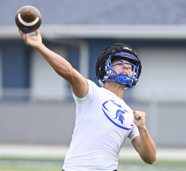 Hempfield quarterback Dom Detruf throws during the WCCA 7-on-7 tournament July 17, 2025, at Hempfield Area High School.