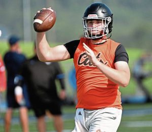 Latrobe quarterback Dom Scarton looks to throw during the WCCA 7-on-7 tournament July 17, 2025, at Hempfield Area High School.
