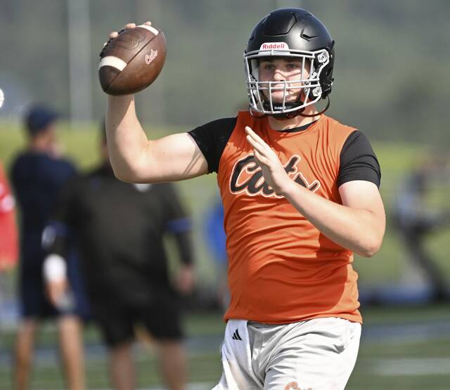 Latrobe quarterback Dom Scranton looks to throw during the WCCA 7-on-7 tournament July 17, 2025, at Hempfield Area High School.