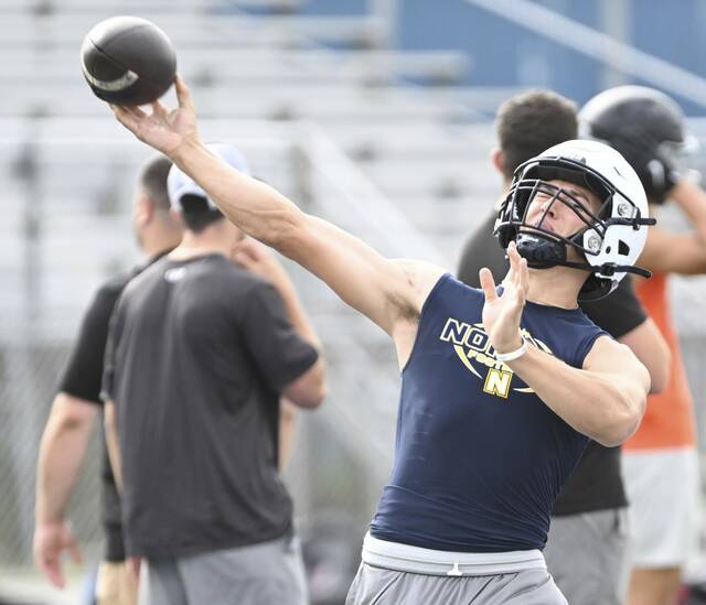 Norwin’s Tristyn Tavares throws during the WCCA 7-on-7 tournament July 17, 2025, at Hempfield Area High School.