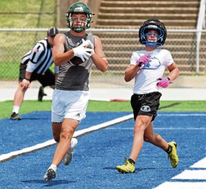 Penn-Trafford’s Tyler Boss pulls in a touchdown pass against Hempfield in the finals during the WCCA 7-on-7 tournament July 17, 2025, at Hempfield Area High School.