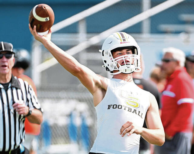 Greensburg Salem quarterback Brody Chismar throws during the WCCA 7-on-7 tournament July 17, 2025, at Hempfield Area High School.