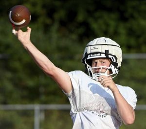Peters Township quarterback Nolan DiLucia throws a pass during practice on Wednesday, Aug. 6, 2025, at Peters.