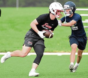 Fox Chapel’s Max Melocchi pulls in a catch against Knoch during a 7-on-7 tournament July 9, 2025 at Fox Chapel Area High School.