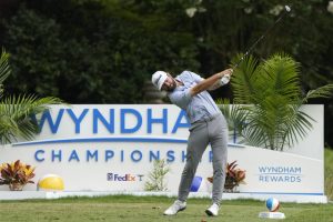 Cameron Young hits his tee shot on the ninth hole during the final round of the Wyndham Championship.