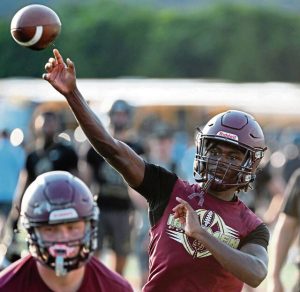 Steel Valley quarterback Da’Ron Barksdale throws during a 7-on-7 competition at Mt. Lebanon last summer.