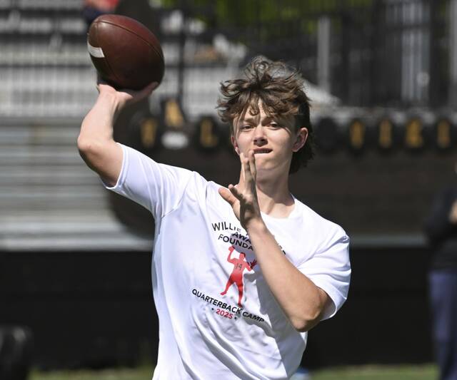 Greensburg Central Catholic quarterback Bobby Smithnosky throws during the Willie Thrower quarterbacks camp June 2025 at Valley High School.