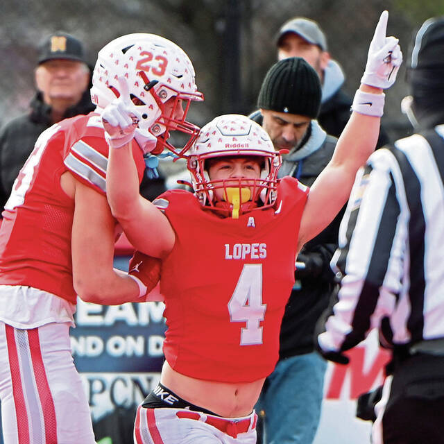 Avonworth’s Luca Neal (4) celebrates with Bryce Metz after scoring against Northwestern Lehigh during the PIAA Class 3A state championship game on Saturday, Dec. 7, 2024, at Cumberland Valley.