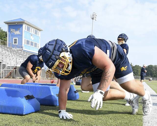 Mars’ Adam Budzilek works out with the linemen during practice on Friday, Aug. 8, 2025, at the Mars Athletic Complex.