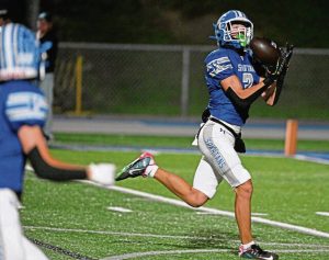Hempfield’s Jack Kopas pulls in a touchdown pass against Norwin on Oct. 4, 2024.