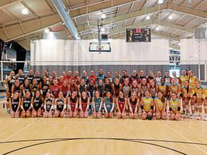 High school volleyball players take part in the 2025 Queens of the Burg tournament.