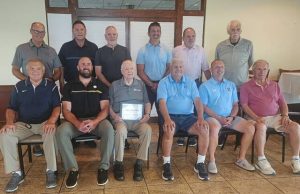 Some of the WPIAL’s winningest high school football coaches got together before the 2025 season at Grandview Golf Club to honor Bill Priatko (front, center), the host of the event. Also in attendance was former Steeler Brett Keisel. Those in attendance included, in front, from left, George Novak, Keisel, Priatko, Tom Nola, Mark Lyons and Jim Render; and in back, former Steelers general manager Kevin Colbert, Bill Cherpak, Pat Monroe, Eric Kasperowicz, Tim O’Malley and Mike Zmijanac.