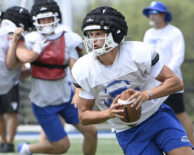 Trinity quarterback Jonah Wiiliamson works out at practice on Friday, Aug. 8, 2025, at Hiller Stadium in North Strabane.