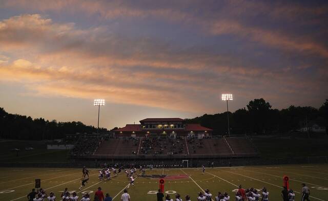 The sun sets on Russ Grimm Field on September 25, 2020 for Southmoreland vs. Mt Pleasant varsity football.