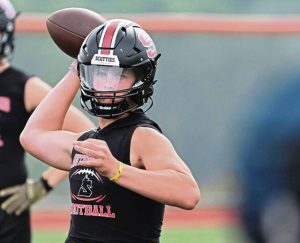 Southmoreland quarterback Anthony Smith throws during the <span data-teams="true">Westmoreland County Coaches Association</span> <span data-teams="true">7-on-7 tournament in 2024 at </span>Greater Labrobe High School.