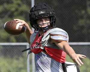 Keystone Oaks quarterback Owen Gearhart throws a pass at practice on Thursday, Aug. 43, 2025, at Dormont Stadium.