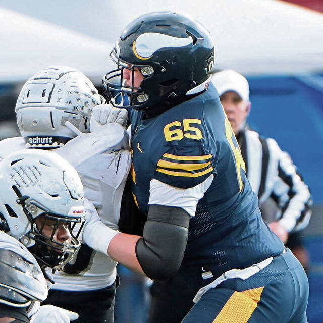 Central Catholic lineman Jimmy Kalis plays against Harrisburg during a PIAA Class 6A state semifinal on Nov. 30, 2024, in Altoona.