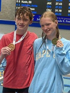 Fox Chapel swimmers Drew and Cameryn Brindza pose with their medals during the 2025 Maccabi Games.
