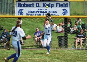 Hempfield’s Claire Mitchell makes a catch on a ball hit by Mifflin County’s Sophie McCurdy during PIAA first round softball Class 6A playoff action June 5, 2023 at Robert D. Kalp Field at Hempfield Area High School.