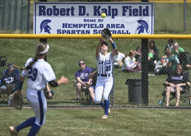 Hempfield’s Claire Mitchell makes a catch on a ball hit by Mifflin County’s Sophie McCurdy during PIAA first round softball Class 6A playoff action June 5, 2023 at Robert D. Kalp Field at Hempfield Area High School.