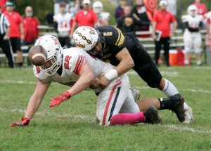 Riverview linebacker Lukas Duncan follows through with a hit on Frazier running back Derek Diamond after forcing an incomplete pass Saturday, Oct. 12, 2024, at Riverside Park.