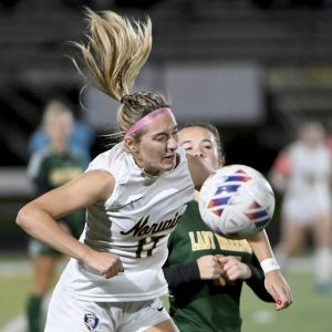 Norwin’s Bella Buscemi battles for possession during a game against Penn-Trafford last season.